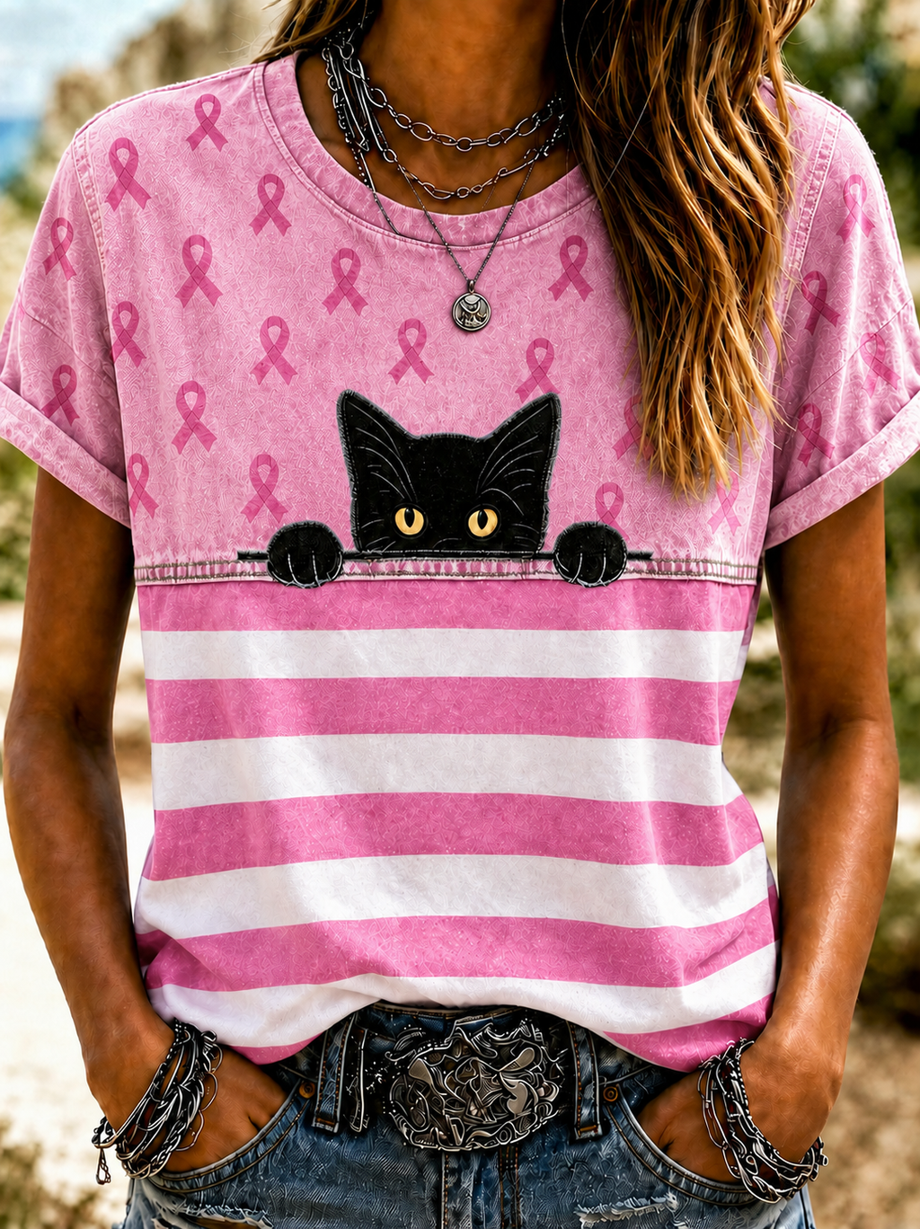 Women'S Breast Cancer Awareness Printing Short Sleeved T-Shirt