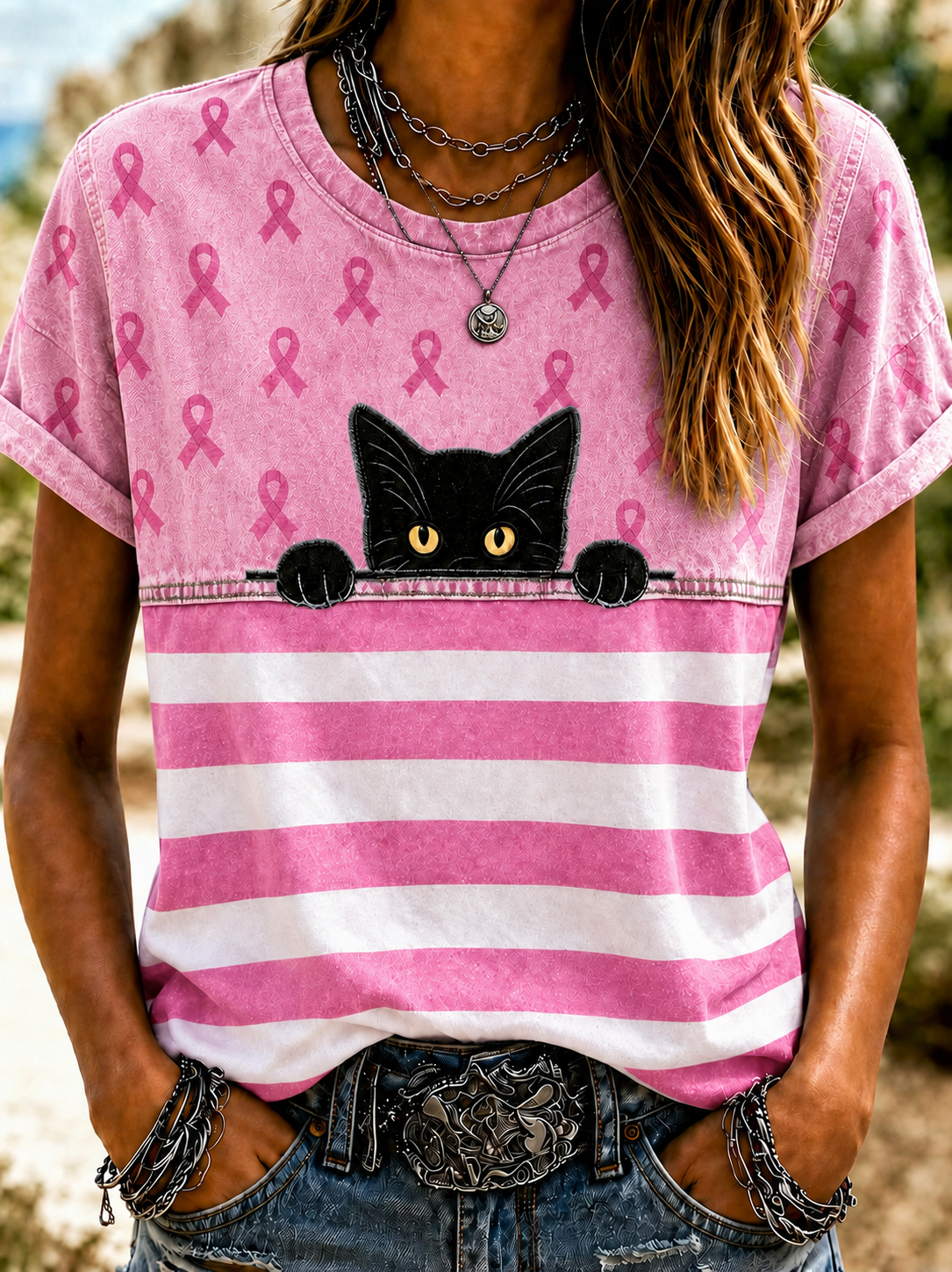 Women'S Breast Cancer Awareness Printing Short Sleeved T-Shirt