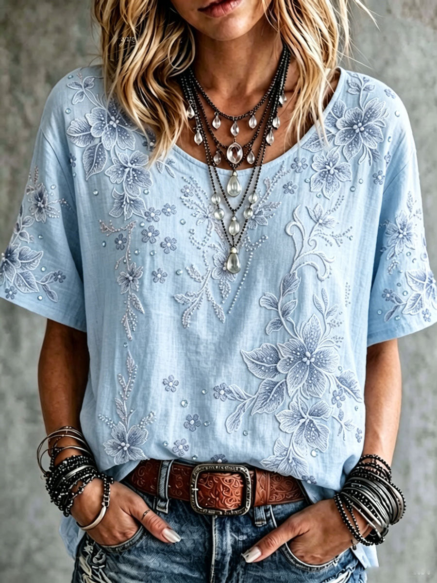 Women'S Cotton Linen Flower Short Sleeve Cotton Linen Shirt