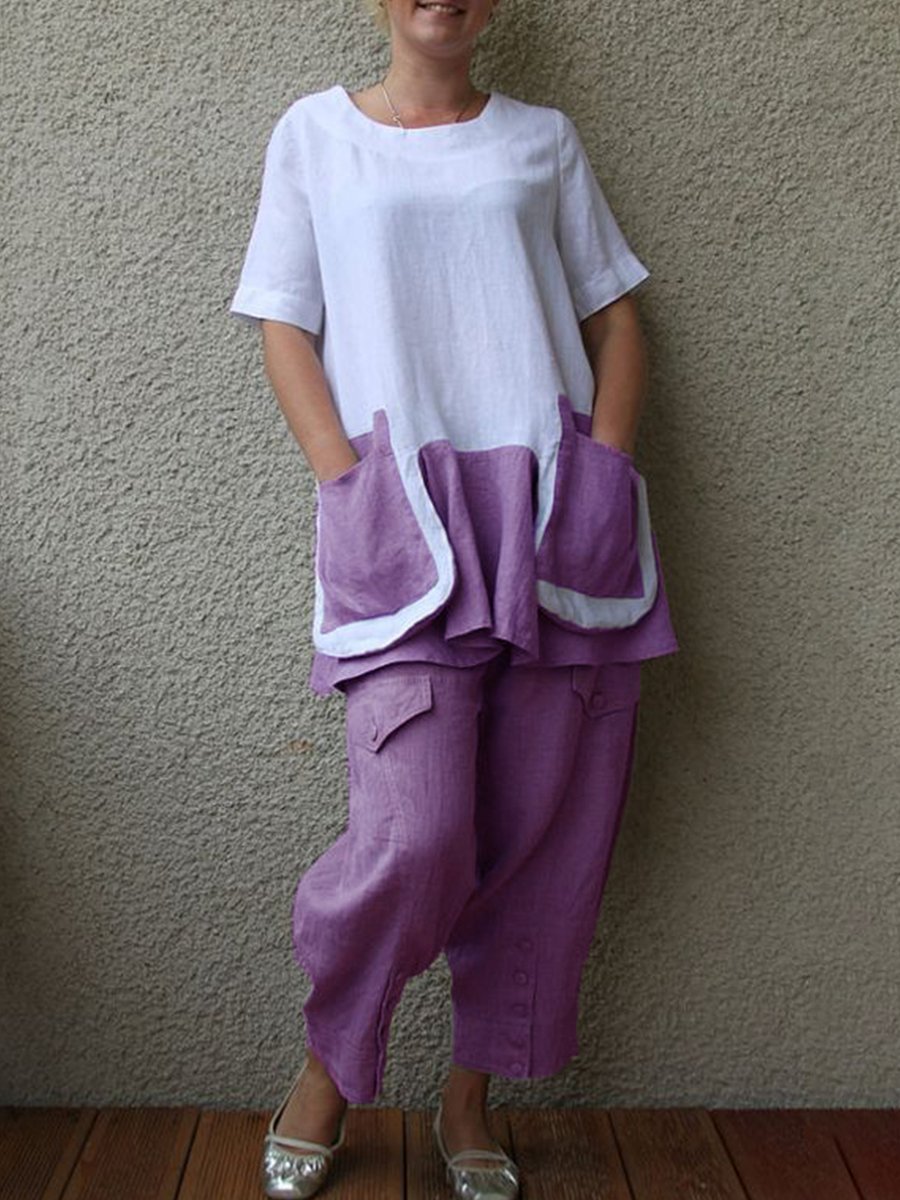 Cotton And Linen Short Sleeve Big Pocket Women's Suit