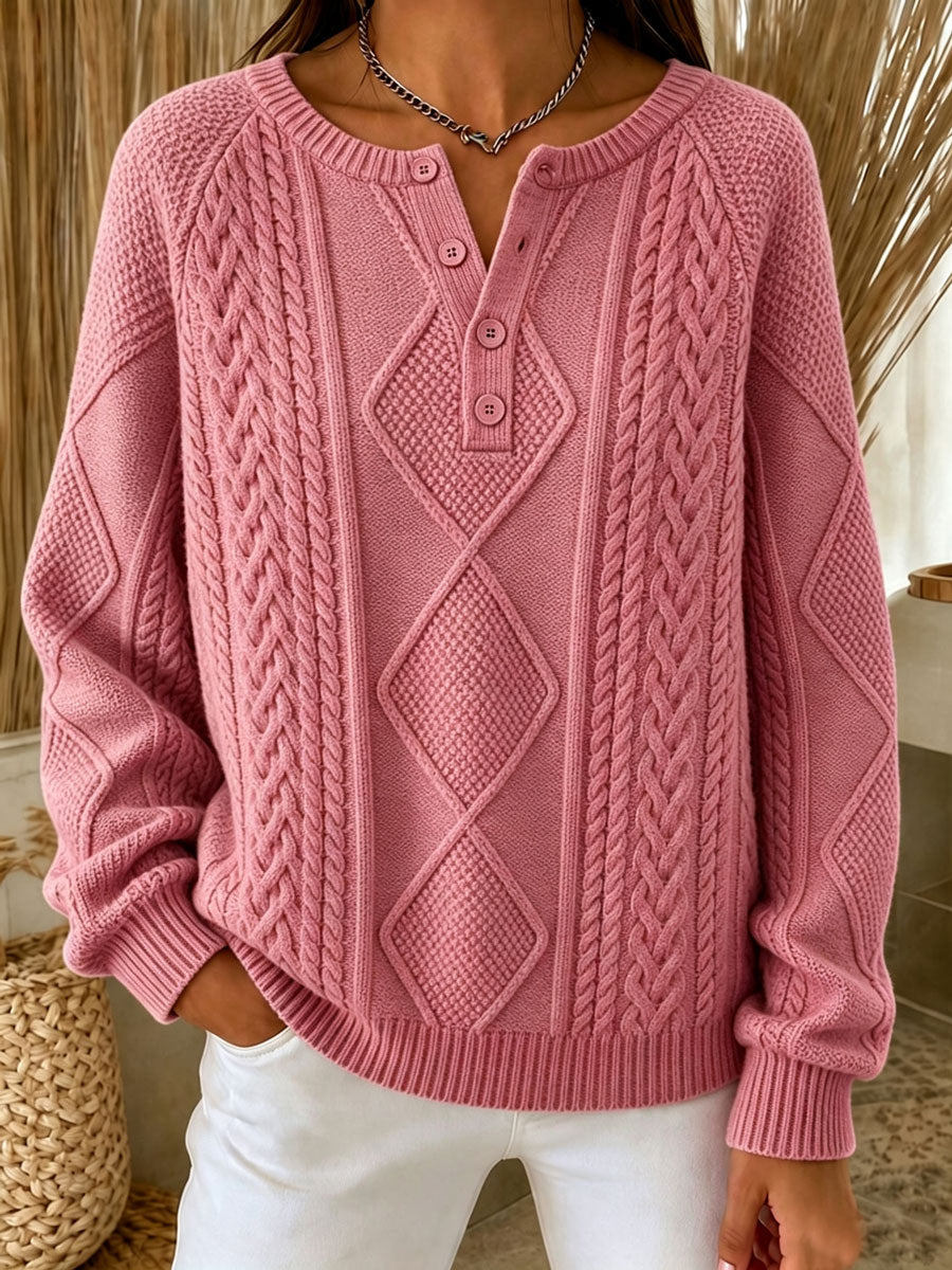 Women'S Casual Printed Henry Button Striped Knitted Top