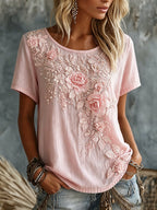 Women'S Floral Linen Round Neck Top