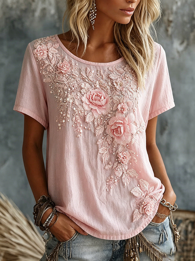 Women'S Floral Linen Round Neck Top