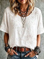 Women'S Cotton Linen Flower Short Sleeve Cotton Linen Shirt