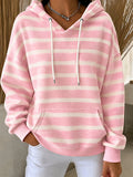Women'S Casual Pink Striped Contrasting Hooded Sweatshirt