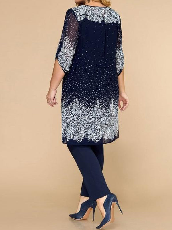 Three-Piece Suit Of Round Neck Vest Printed Long-Sleeved Top Coat And Trousers