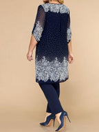 Three-Piece Suit Of Round Neck Vest Printed Long-Sleeved Top Coat And Trousers
