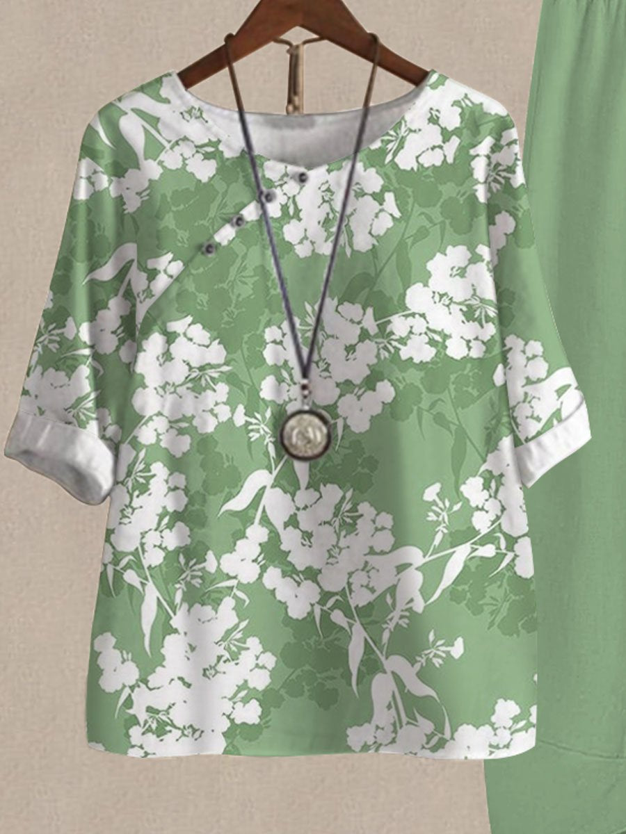 Botanical Floral Print Casual Two-piece Suits