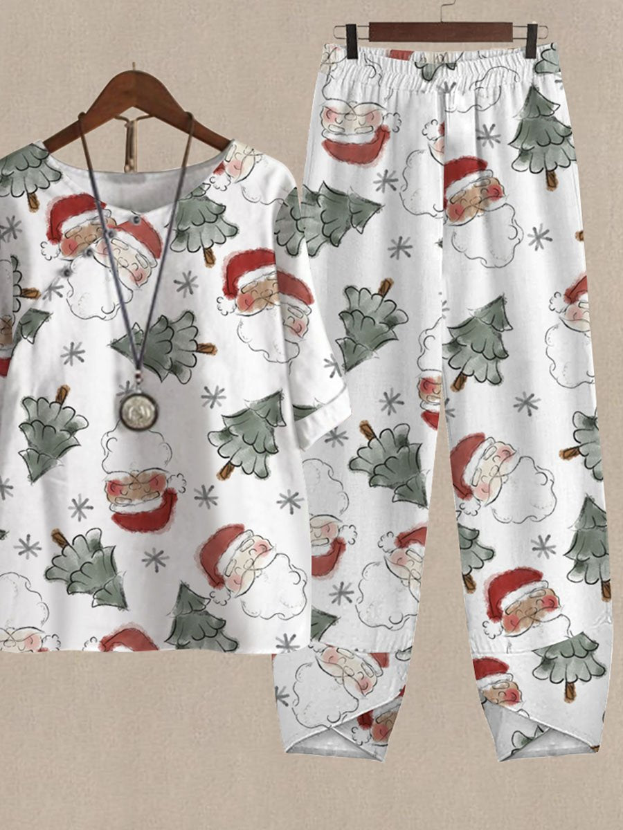 Cute Cartoon Santa Claus Print Casual Two Piece Suits