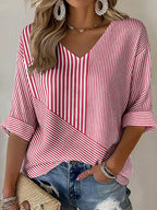 Women'S Casual Breast Cancer Awareness Print Pink Stripe Art V-Neck T-Shirt