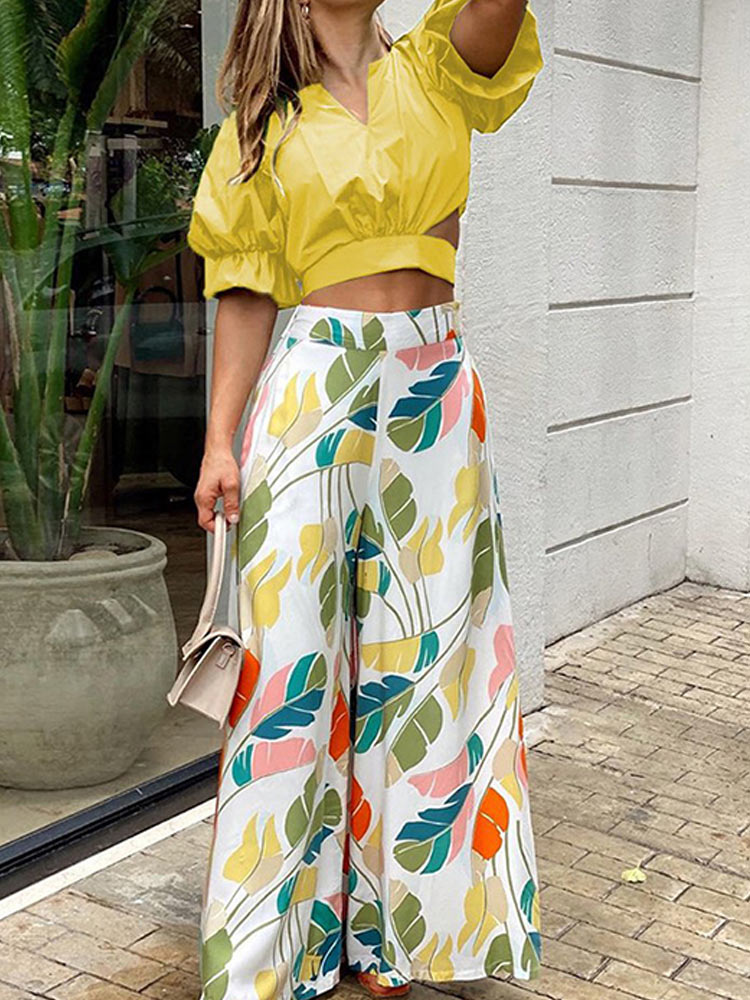Summer Womens Two Piece Sets Print Long Sleeve Shirt Loose Wide Leg Trousers Suits Female High Waist Turndown Collar Lady Set