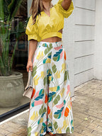 Summer Womens Two Piece Sets Print Long Sleeve Shirt Loose Wide Leg Trousers Suits Female High Waist Turndown Collar Lady Set