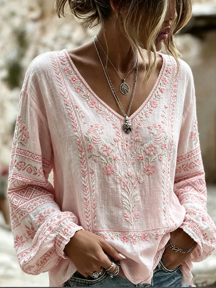 Women'S Breast Cancer Pink Flowers Print Cotton-Linen Shirt