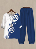 Women's Printed Color Block Half Sleeve Top And Wide Leg Pants Linen Two Pieces