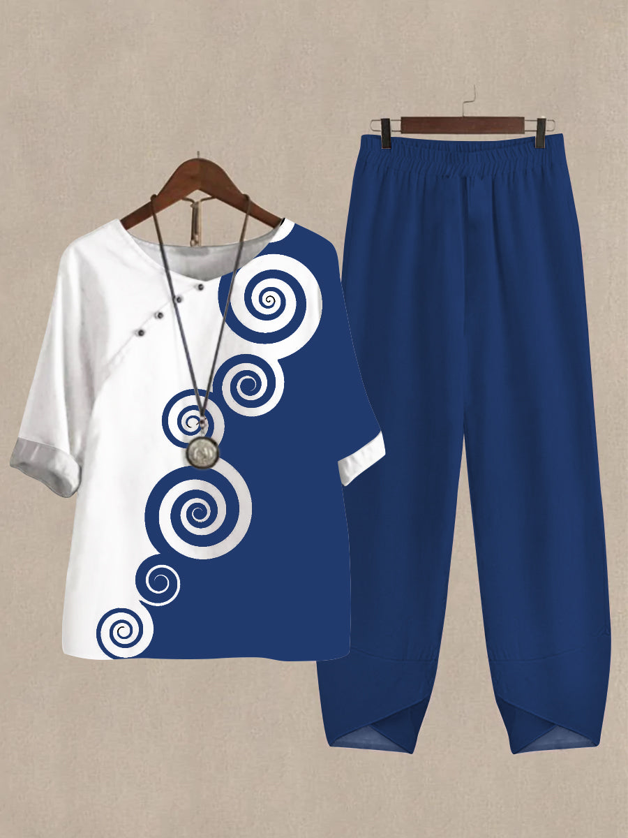 Women's Printed Color Block Half Sleeve Top And Wide Leg Pants Linen Two Pieces