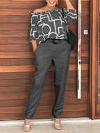 Printed Pocketed One Shoulder Casual Two-piece Suits