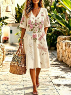 Women'S Cotton And Linen Casual Vacation Lace  Faith Printed Dress