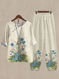 Women's Blue Flower Print Half Sleeve Top And Wide Leg Pants Linen Two Pieces