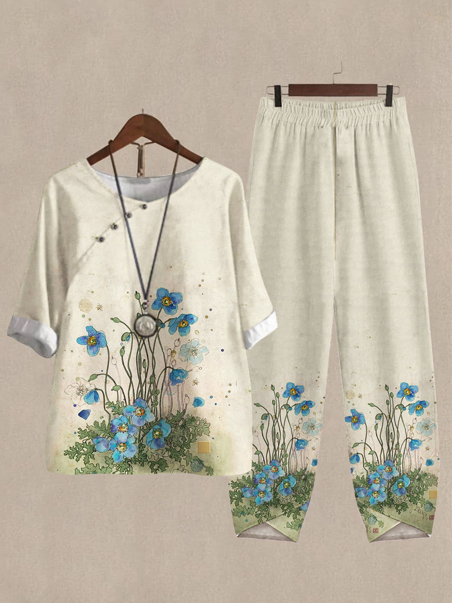Women's Blue Flower Print Half Sleeve Top And Wide Leg Pants Linen Two Pieces