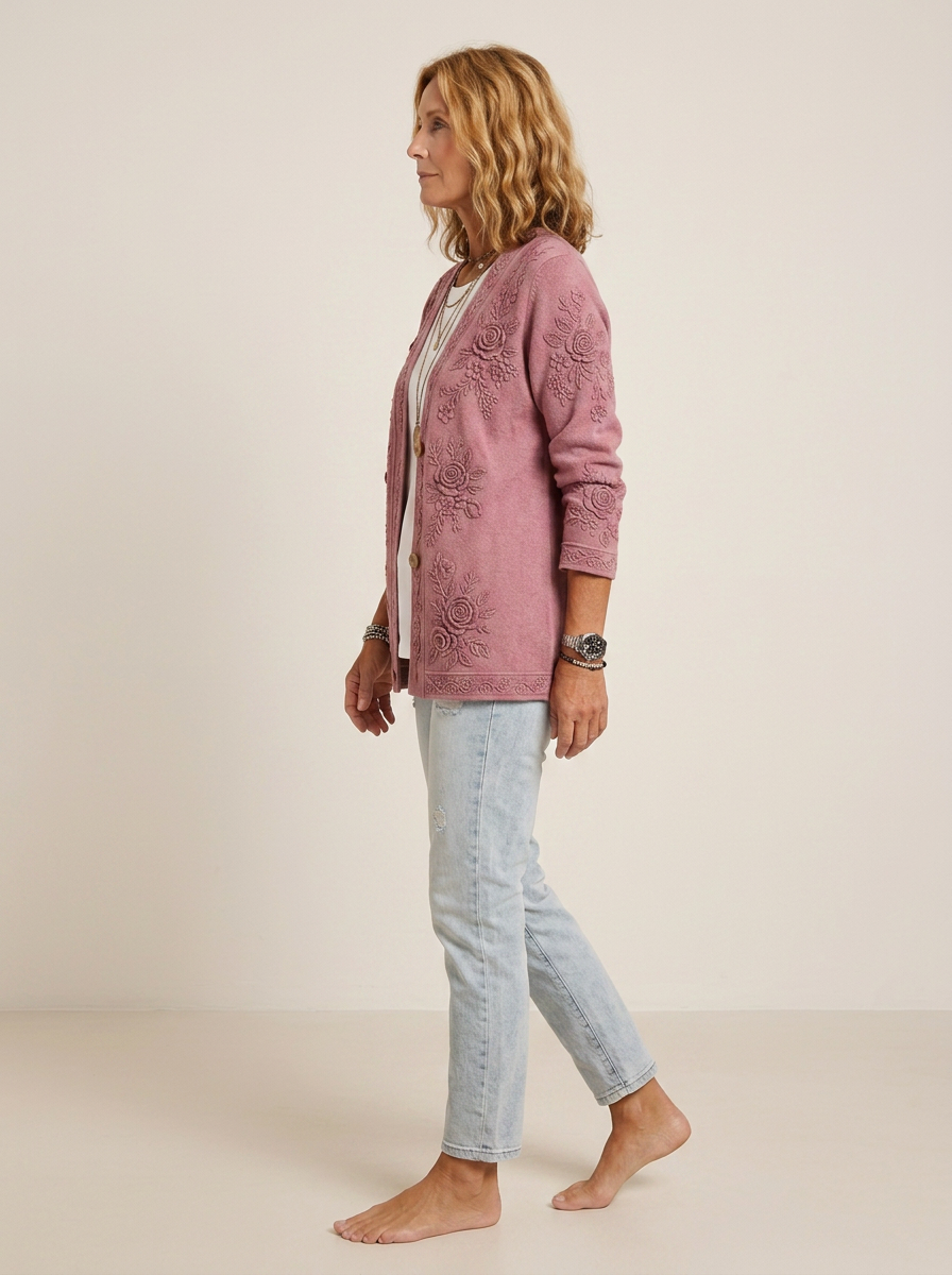 Women's Breast Cancer Awareness Pink Floral Embossed Printed Cardigan