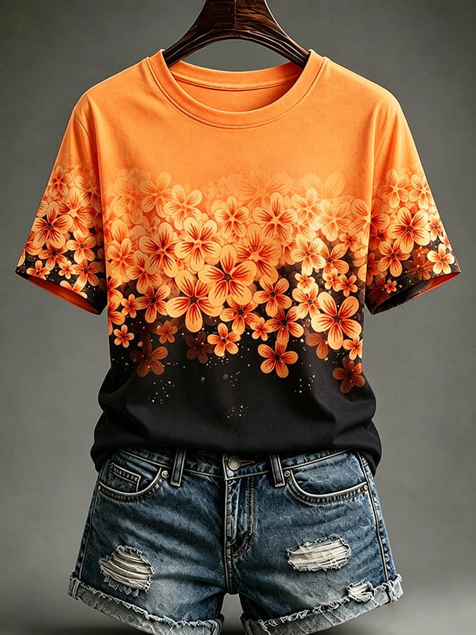 Women'S Casual Pink Floral Short Sleeved T-Shirt