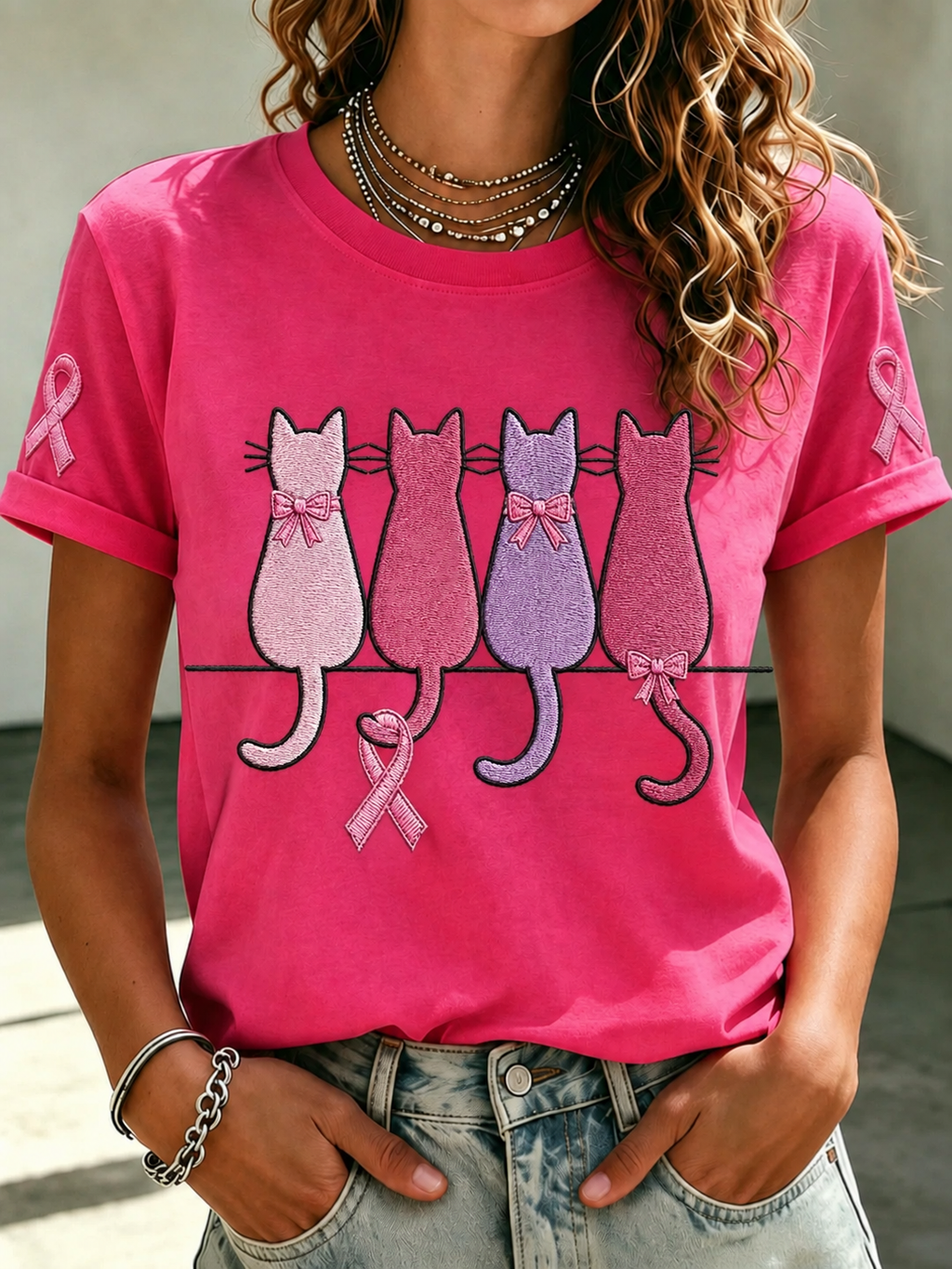 Women'S Breast Cancer Promotional Print Short Sleeved T-Shirt
