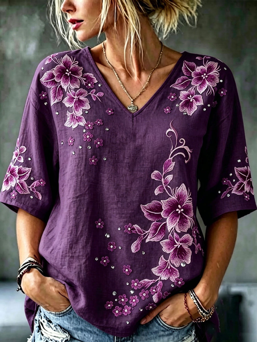 Women's cotton linen flower V-neck short sleeved shirt