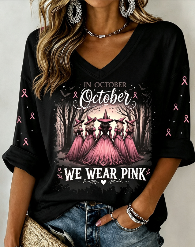 Women'S In October We Wear Pink Mid Sleeve V-Neck T-Shirt