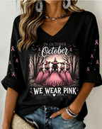 Women'S In October We Wear Pink Mid Sleeve V-Neck T-Shirt