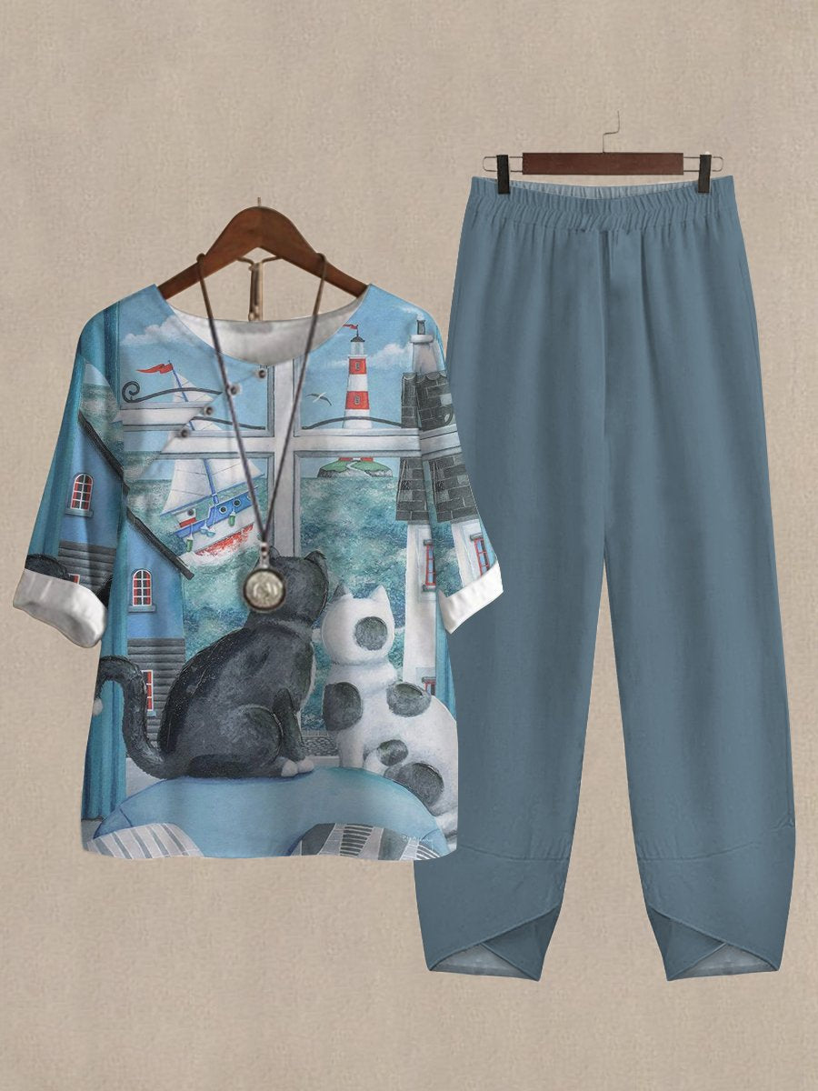 Fun Cat Print Loose Casual Two-Piece Suits