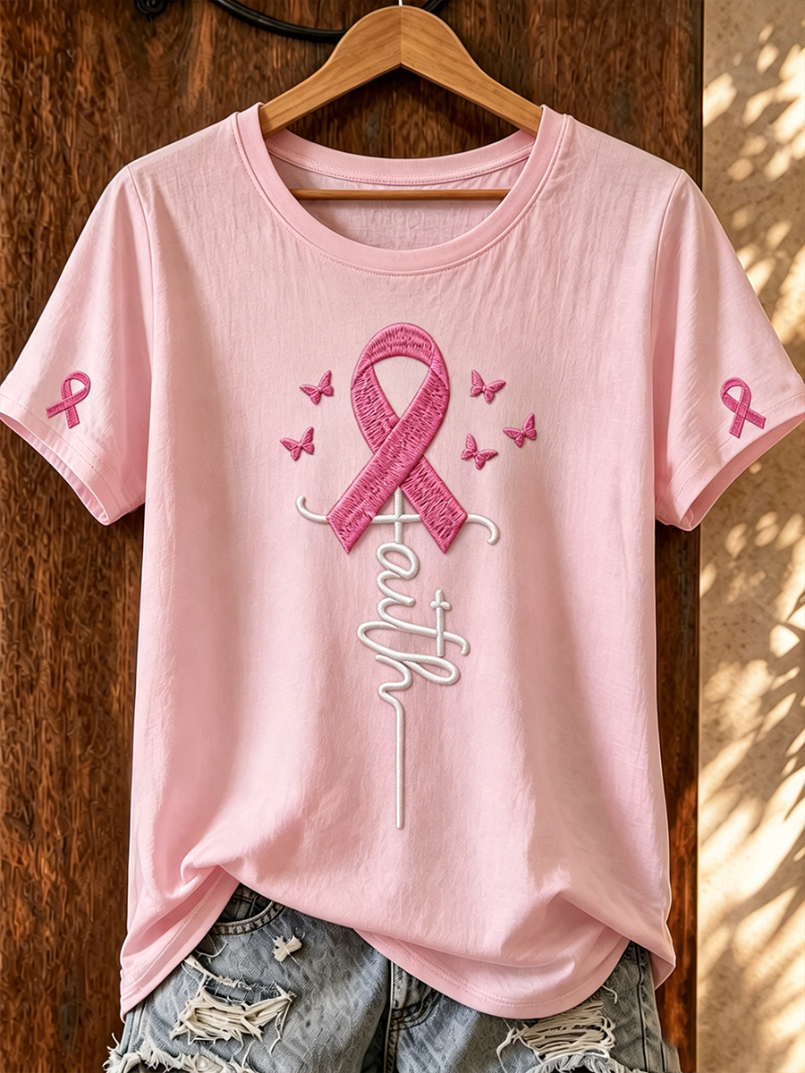 Women's Casual Breast Cancer Embroidery T-Shirt
