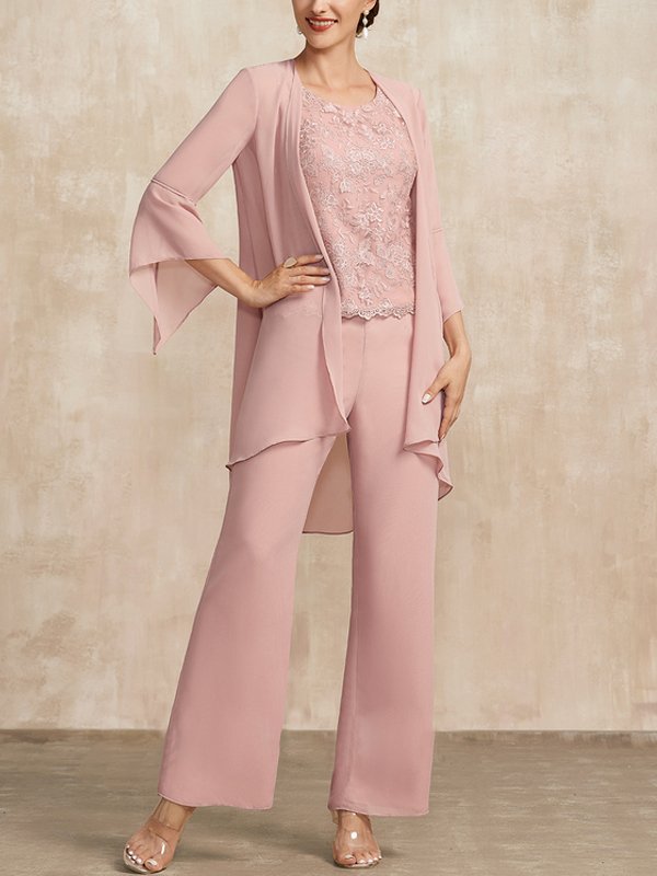Pink Chiffon Lace Mother Bride Dress Three Piece Set