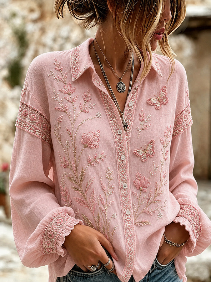 Women'S Casual Cotton And Linen Bubble Sleeve Shirt