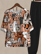 Cartoon Multicolor Cute Puppy Print Casual Two Piece Suits