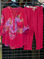 Button-Up V Neck Printed Top With Pants Two-piece Set