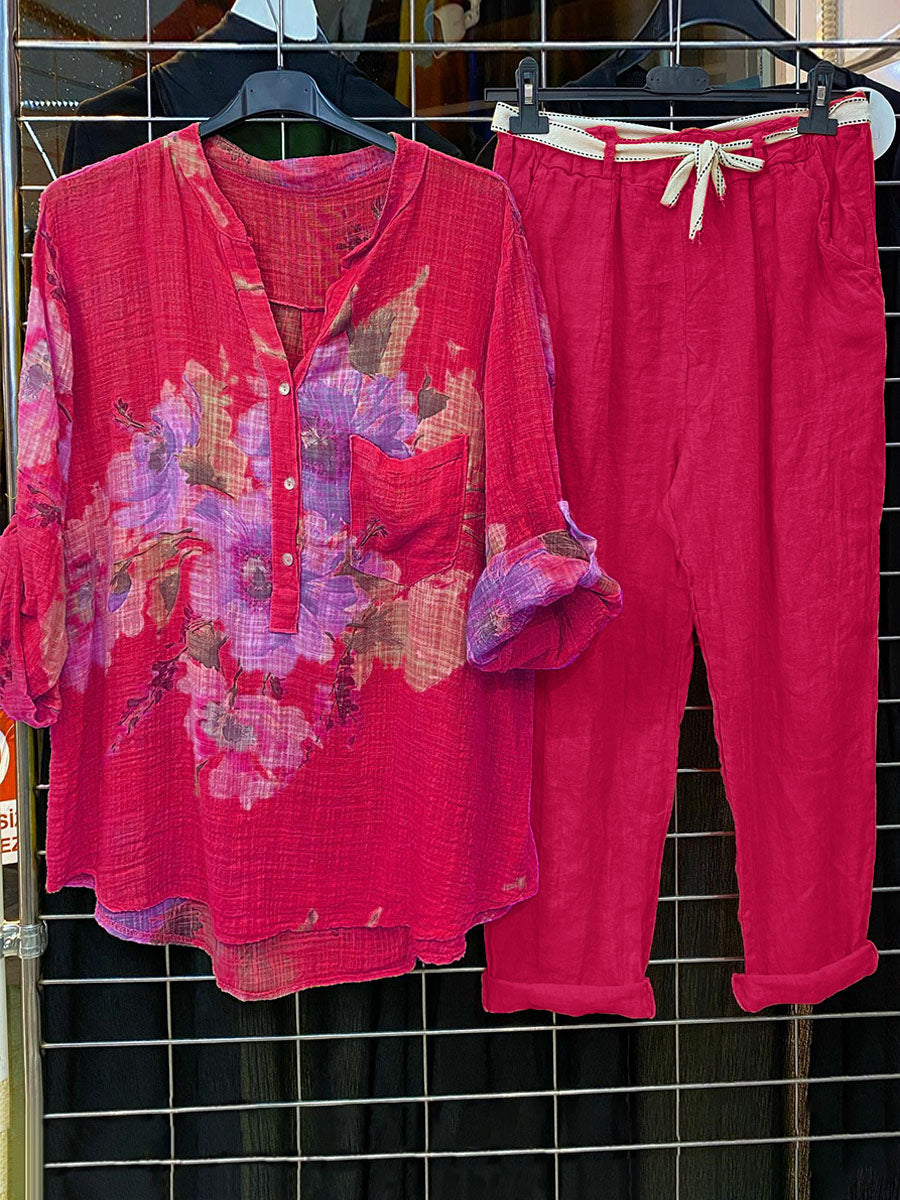 Button-Up V Neck Printed Top With Pants Two-piece Set