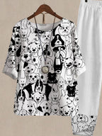 Cute Cartoon Puppy Print Top And Pants Two Piece Suits