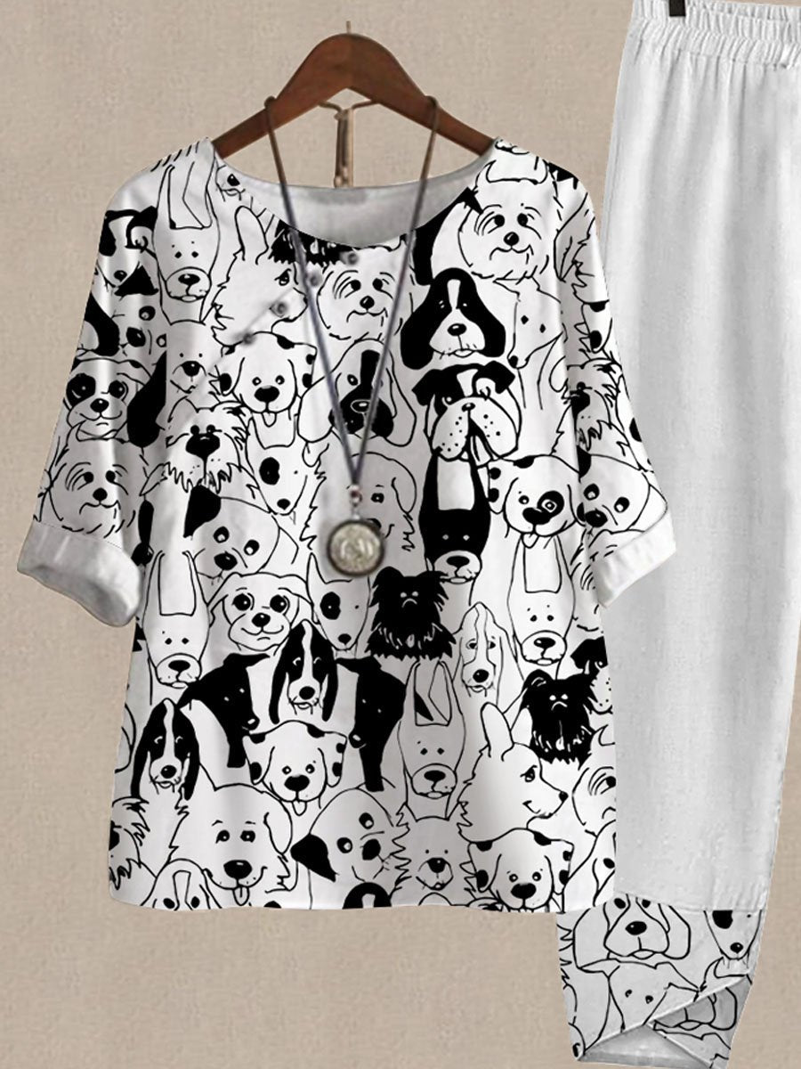 Cute Cartoon Puppy Print Top And Pants Two Piece Suits