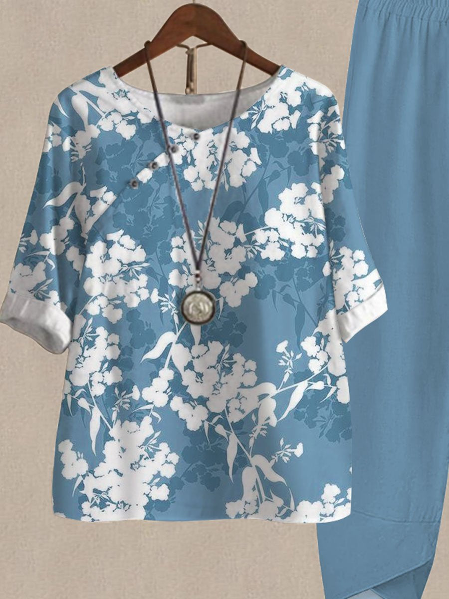 Botanical Floral Print Casual Two-piece Suits