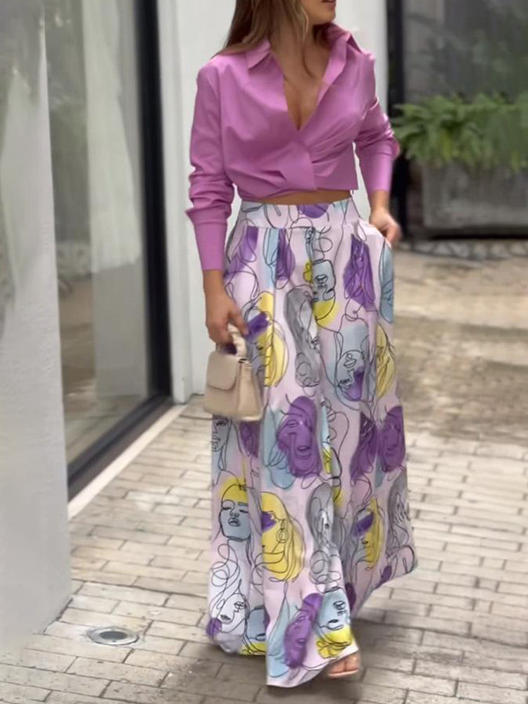 Summer Womens Two Piece Sets Print Long Sleeve Shirt Loose Wide Leg Trousers Suits Female High Waist Turndown Collar Lady Set