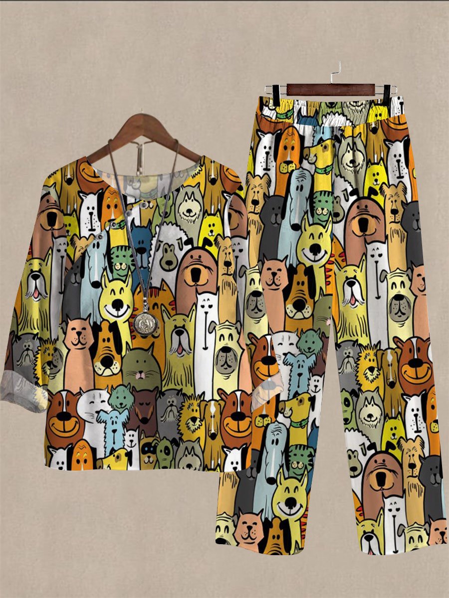 Spring And Autumn Multicolor Cartoon Puppy Print Two-piece Suits
