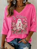 Women'S In October We Wear Pink Printed Mid-Length Sleeves V-Neck T-Shirt