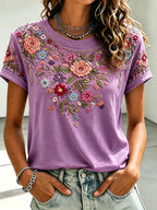 Women'S Casual Pink Floral Short Sleeved T-Shirt