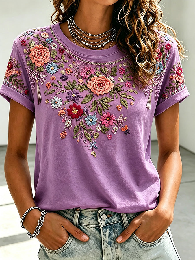 Women'S Casual Pink Floral Short Sleeved T-Shirt