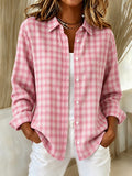 Women's Pink Plaid Print Lapel Long Sleeve Shirt