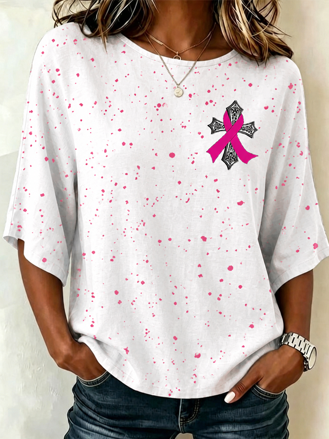 Women's Pink Art Print Crew Neck Top