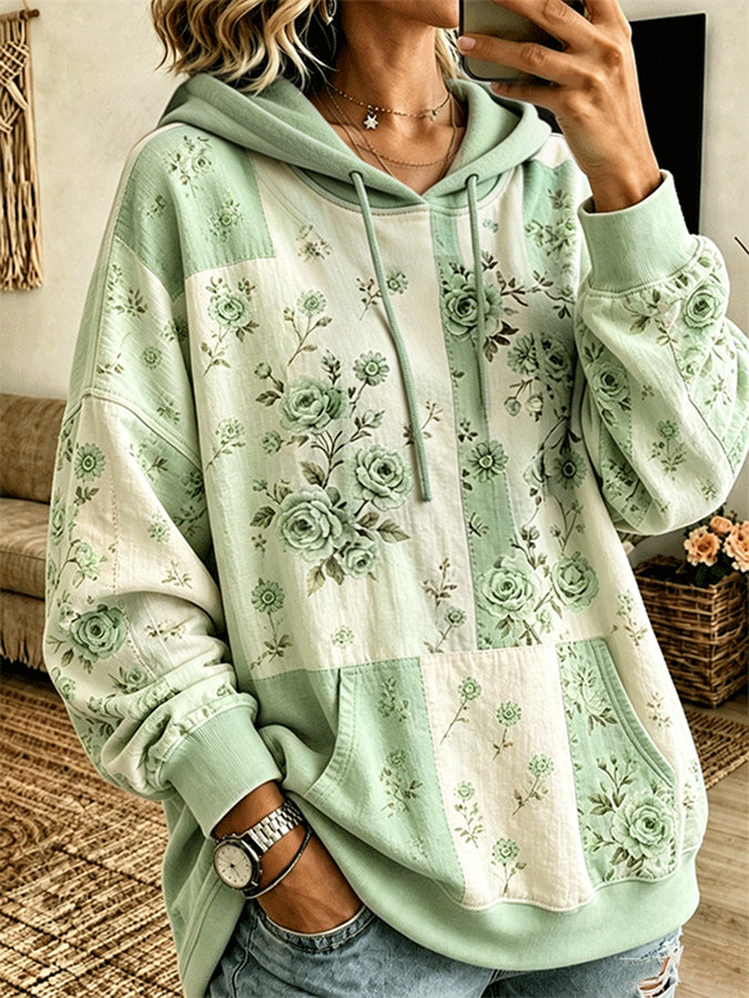 Women's Vintage Rose Floral Patchwork Drawstring Pocket Hoodie