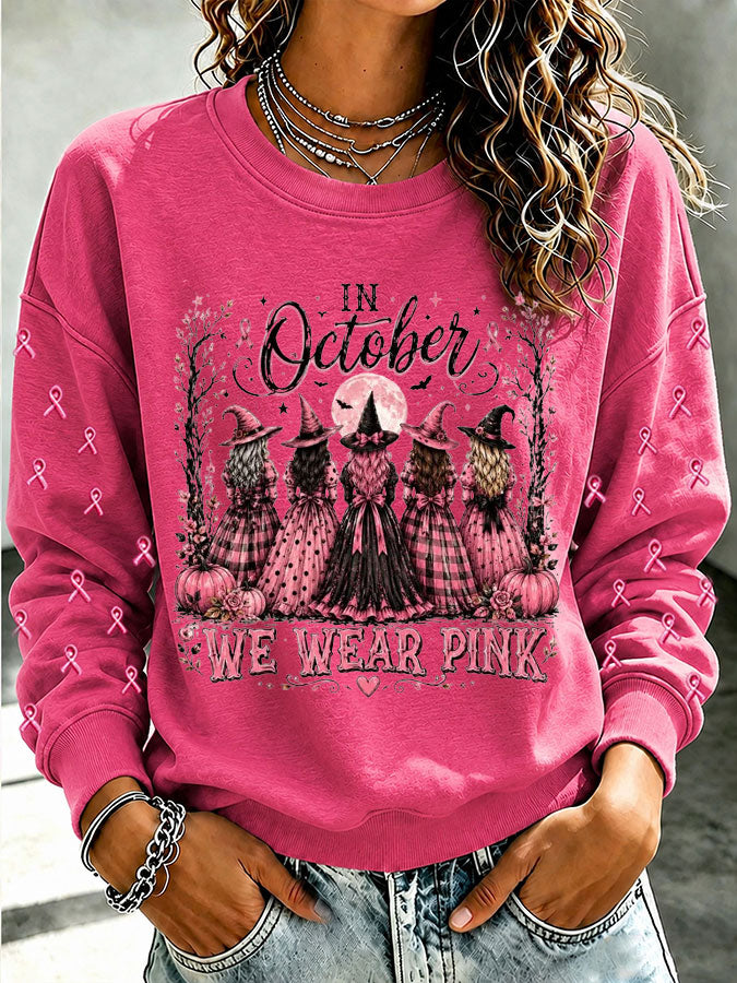 Women'S Retro In October We Wear Pink Print Round Neck Sports Shirt