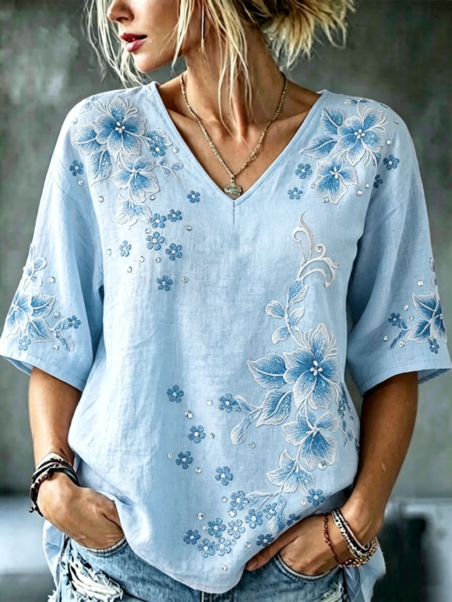 Women's cotton linen flower V-neck short sleeved shirt
