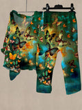 Linen Women's Butterfly Print Casual Two Pieces Set
